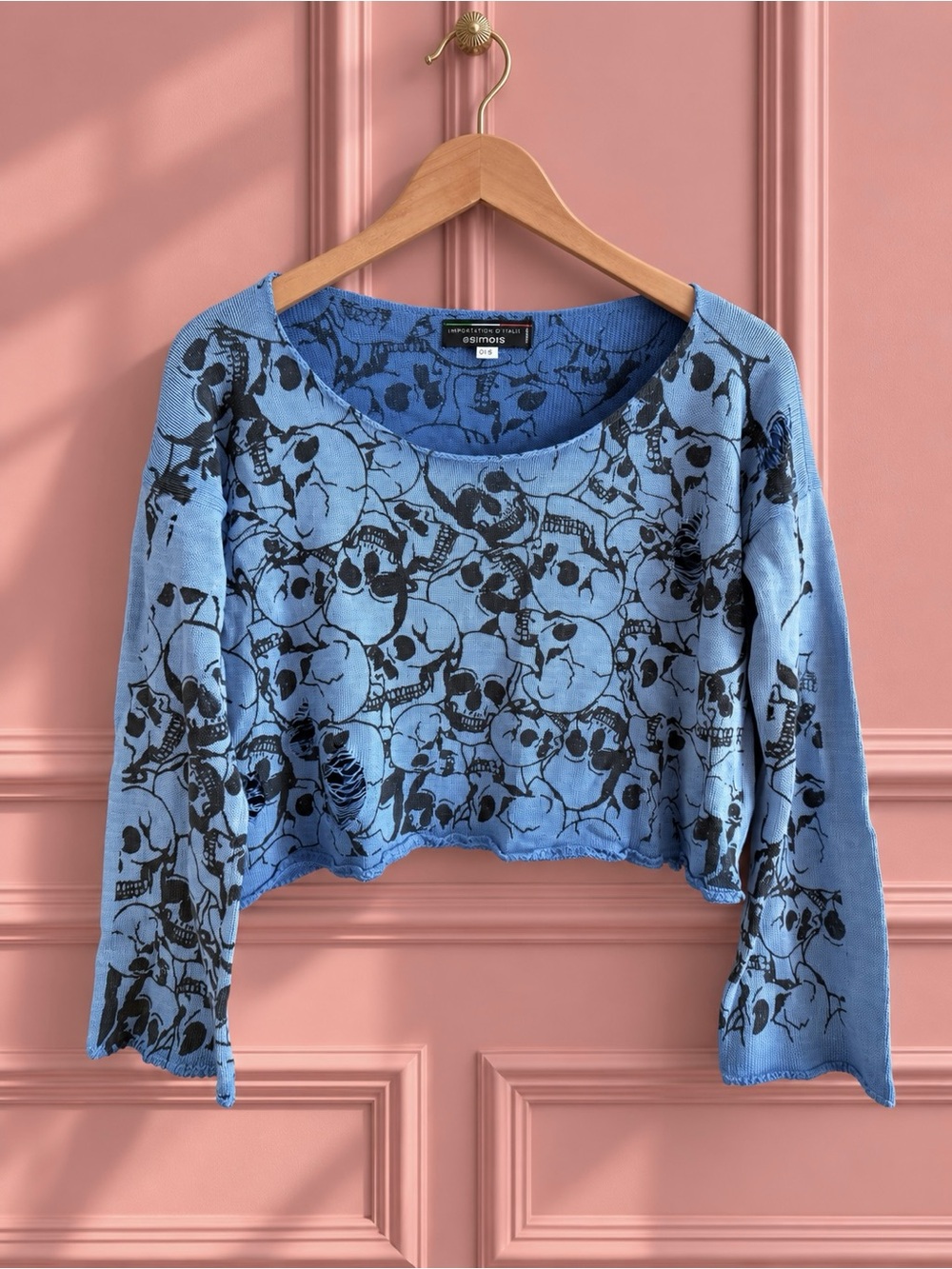 Y2K Simons Blue Skull-Print Distressed Cropped Knit Sweater Top